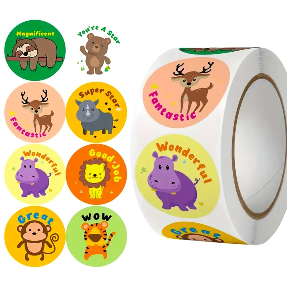 Roll of 500 Cute Jungle Animal Reward Stickers Kids School Teacher Recognize